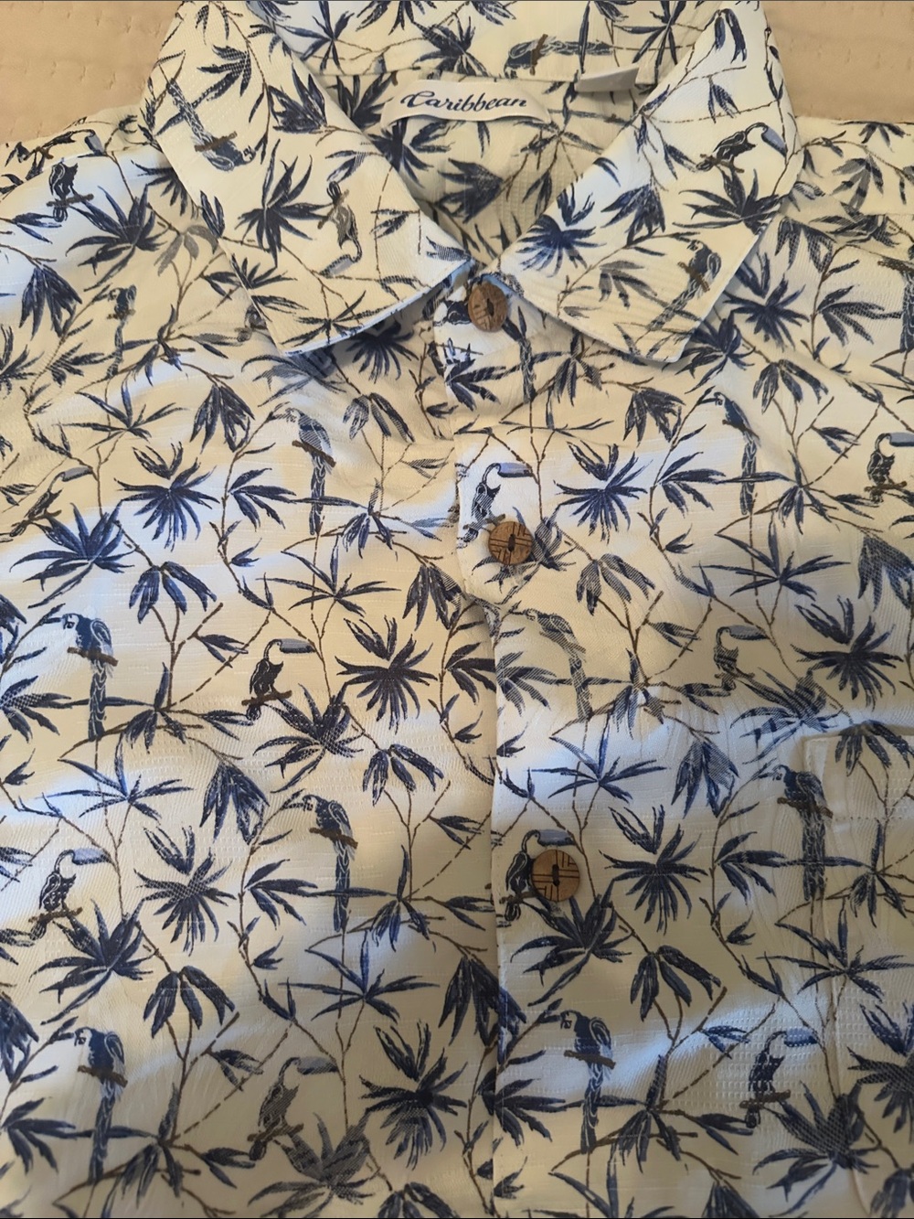 NWT Caribbean White and Navy Tropical-Print Relaxed Button-Up Shirt 2x Big